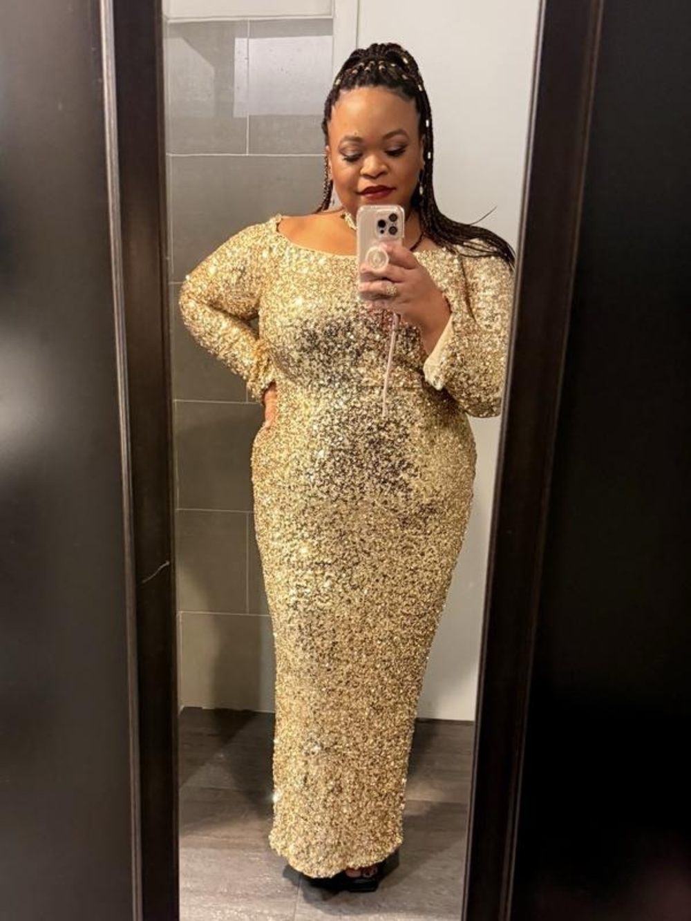 ELOQUII OFF THE SHOULDER SEQUIN COLUMN DRESS IN GOLD - Picture 11 of 12